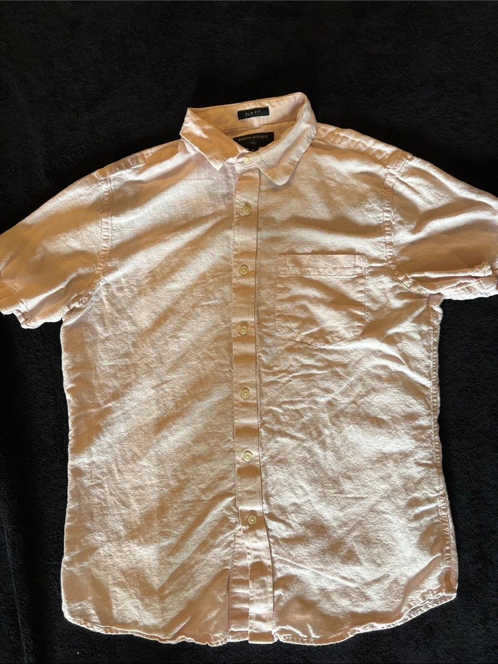 Linen Pale Pink Short-Sleeve Button-Up Shirt With Subtle Striped Pattern